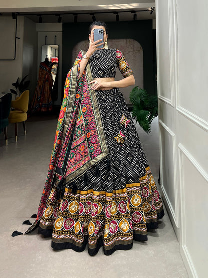 Heritage Patola Motif Foil Print Tussar Silk Lehenga Set