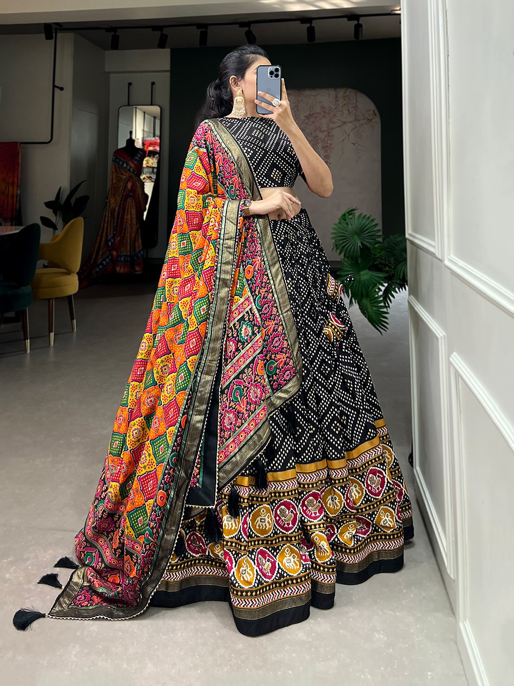 Heritage Patola Motif Foil Print Tussar Silk Lehenga Set