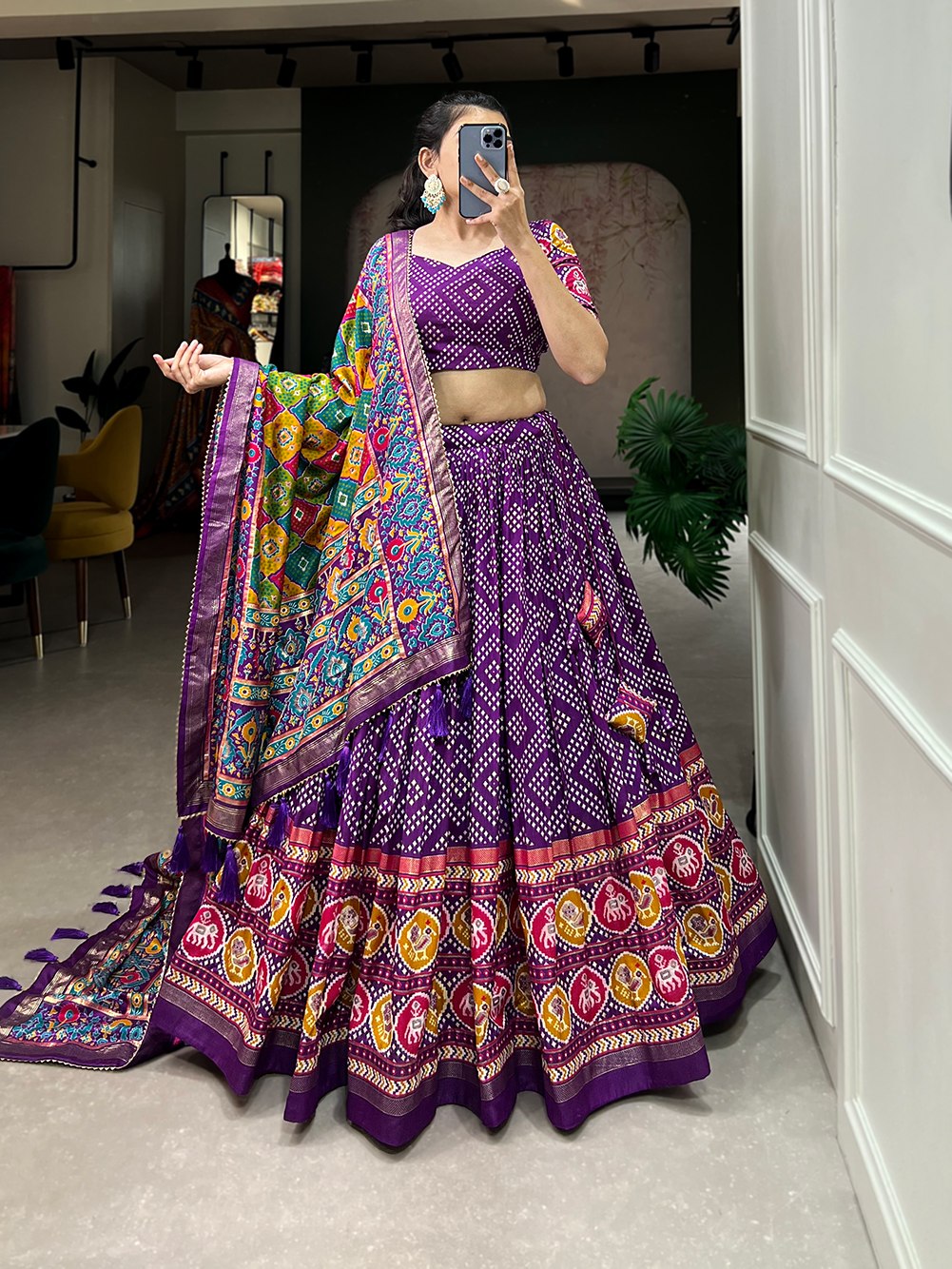 Heritage Patola Motif Foil Print Tussar Silk Lehenga Set