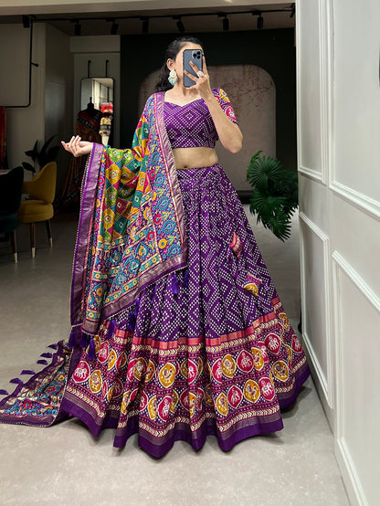 Heritage Patola Motif Foil Print Tussar Silk Lehenga Set