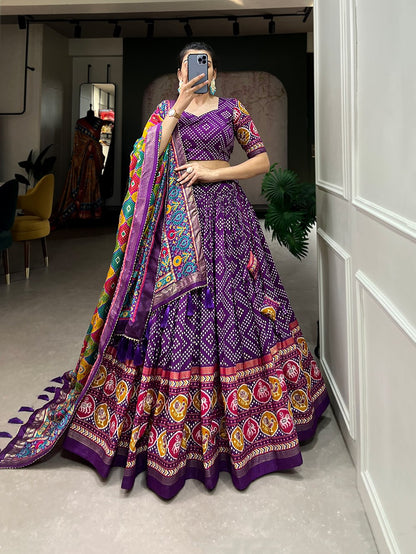Heritage Patola Motif Foil Print Tussar Silk Lehenga Set