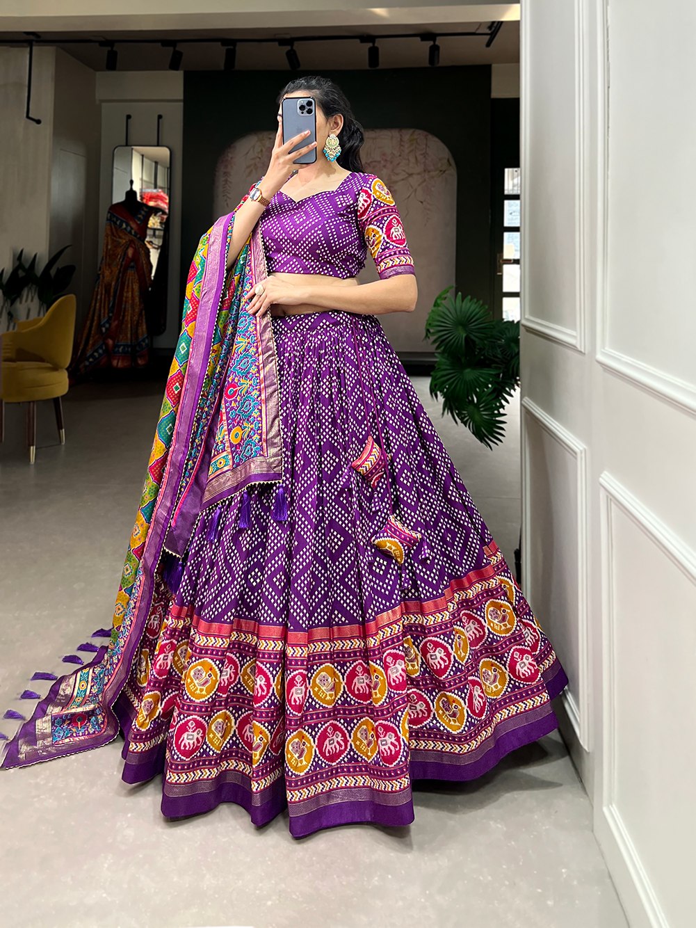 Heritage Patola Motif Foil Print Tussar Silk Lehenga Set