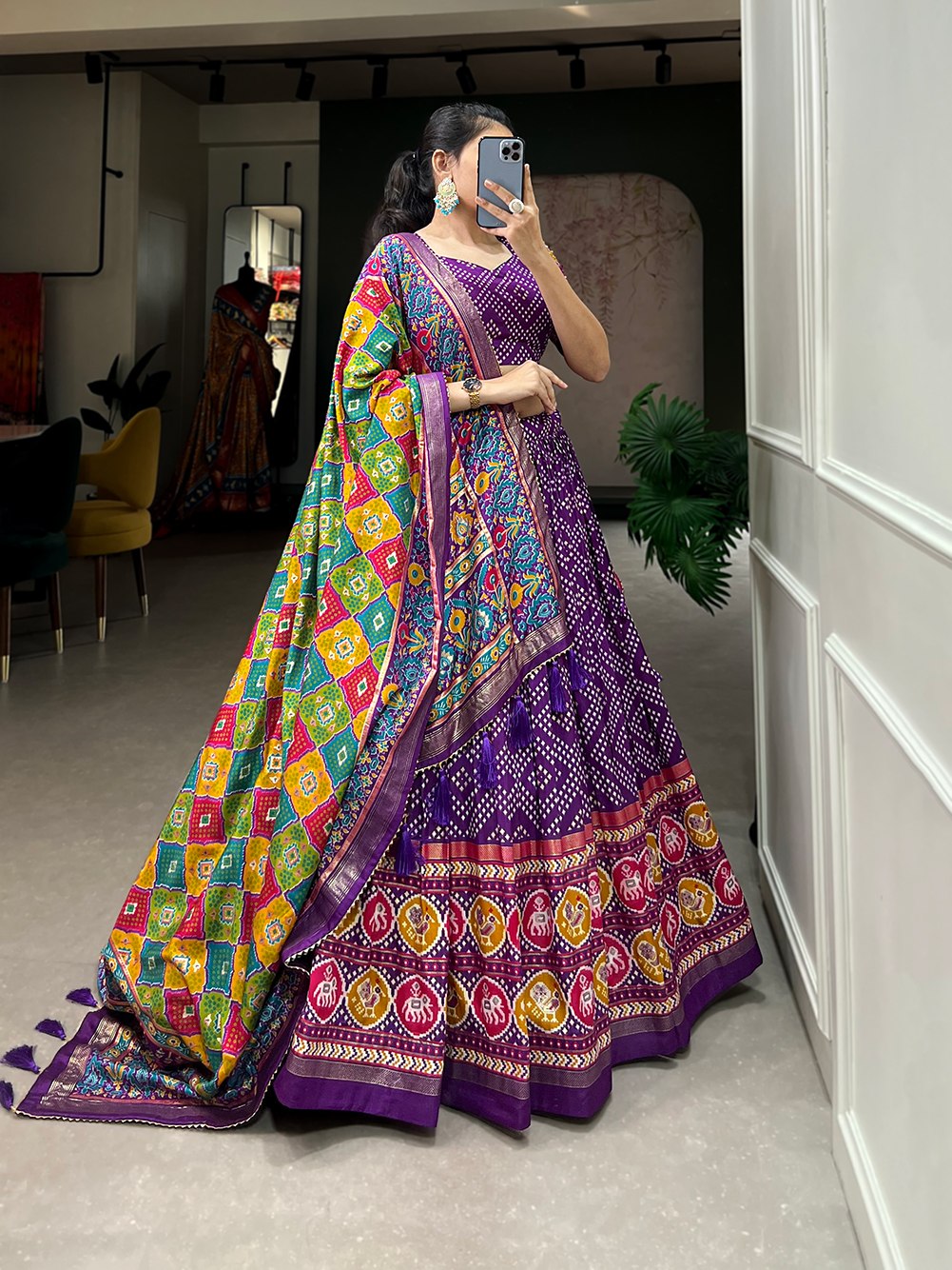 Heritage Patola Motif Foil Print Tussar Silk Lehenga Set