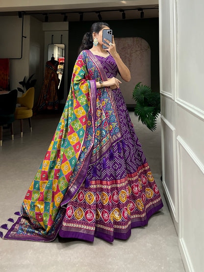 Heritage Patola Motif Foil Print Tussar Silk Lehenga Set
