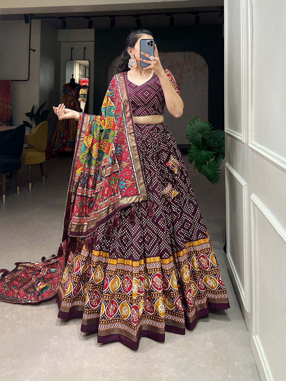 Heritage Patola Motif Foil Print Tussar Silk Lehenga Set