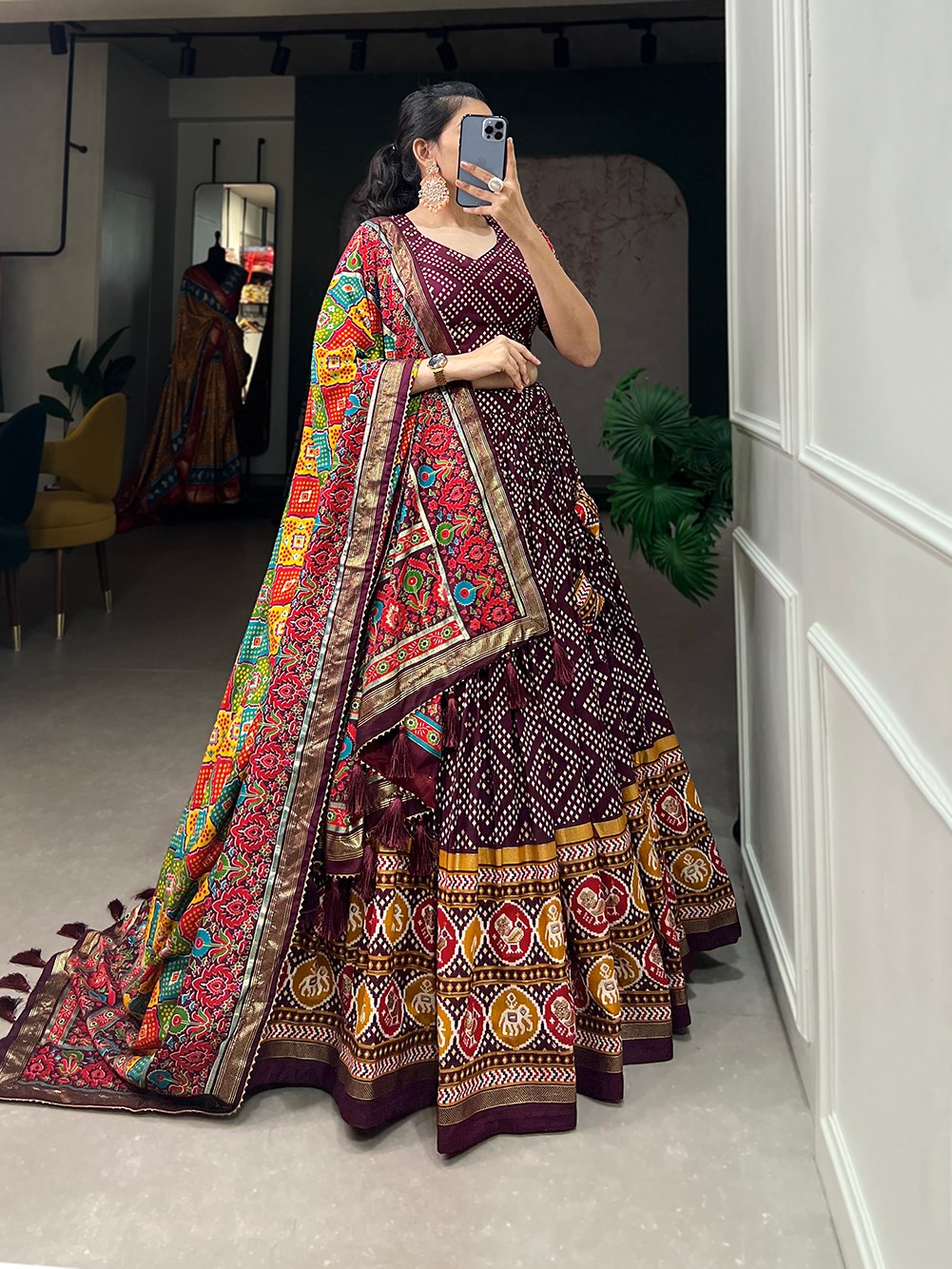 Heritage Patola Motif Foil Print Tussar Silk Lehenga Set