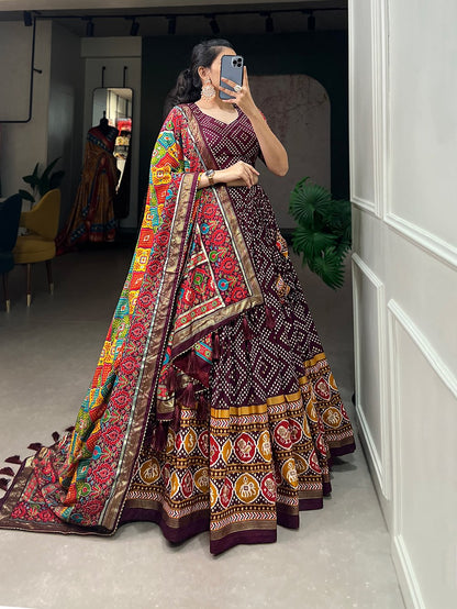 Heritage Patola Motif Foil Print Tussar Silk Lehenga Set