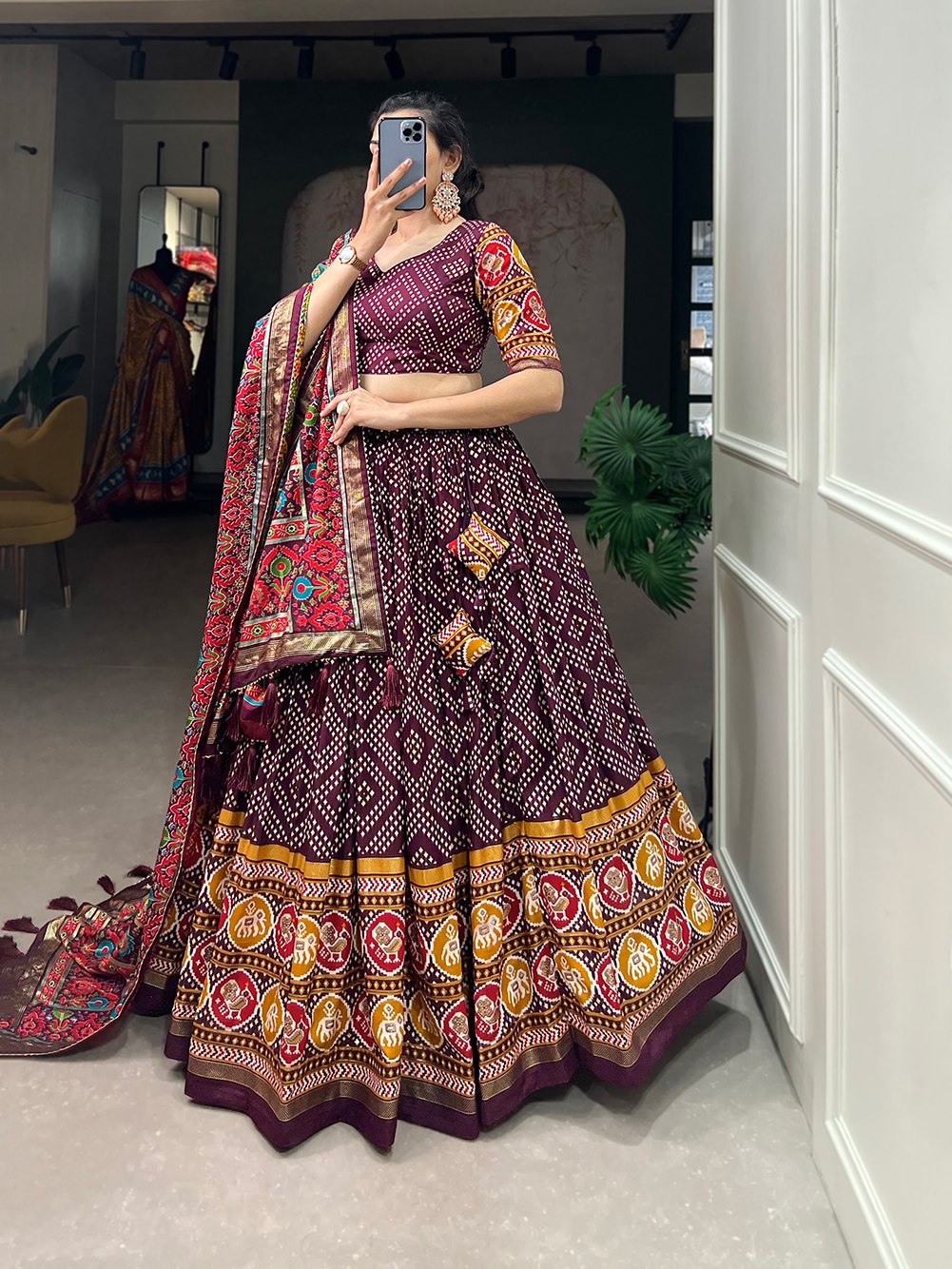 Heritage Patola Motif Foil Print Tussar Silk Lehenga Set