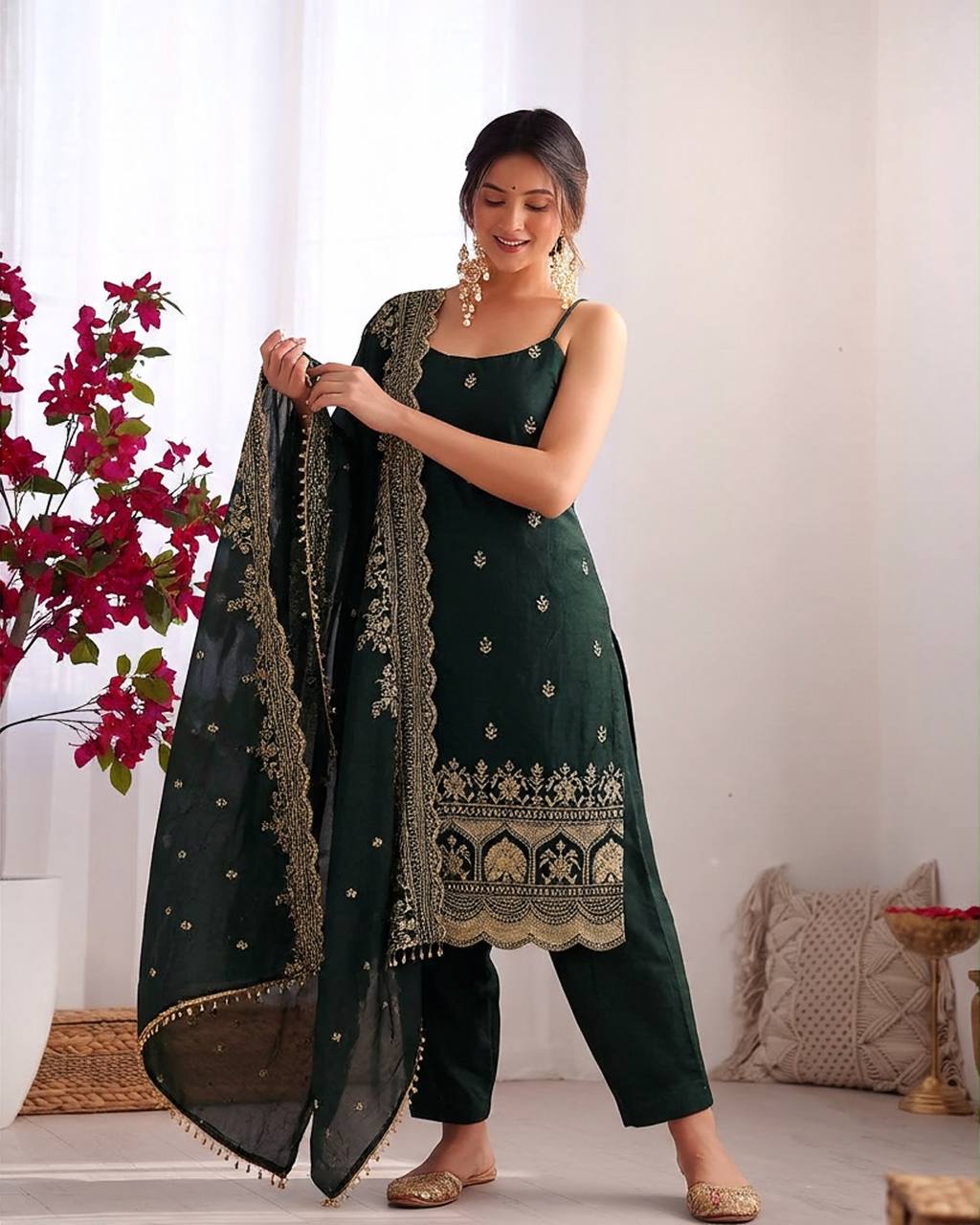 Imperial Lattice Thread & Sequined Fendy Silk Kurti Set