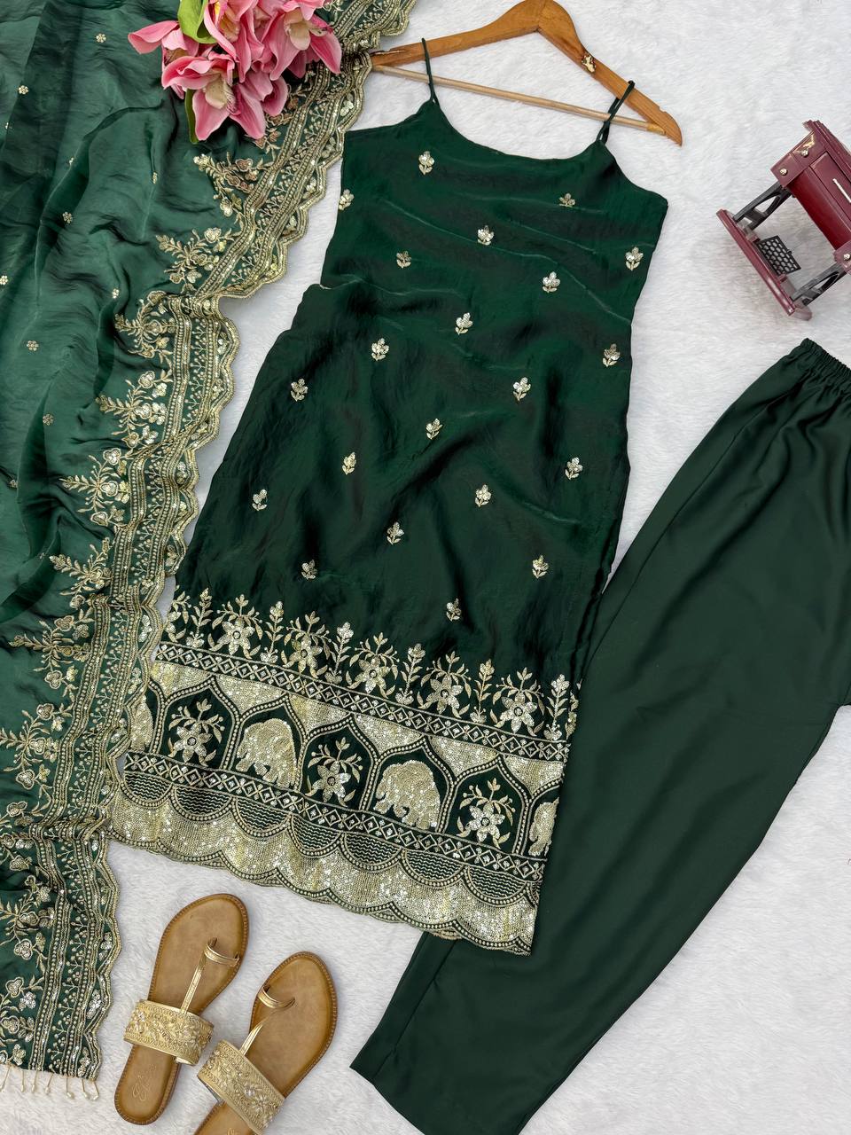 Imperial Lattice Thread & Sequined Fendy Silk Kurti Set