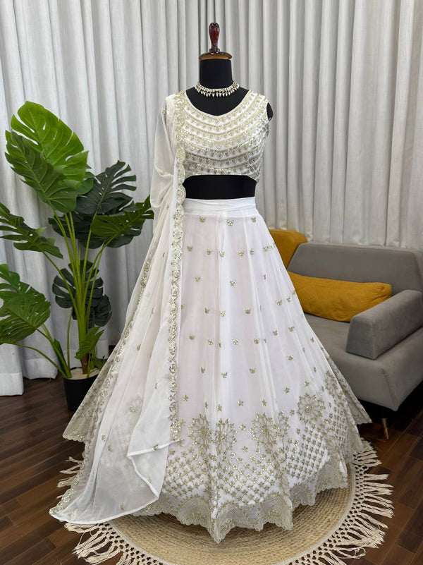 White Georgette Embroidered Flared Lehenga Choli
