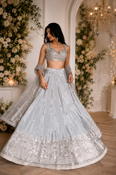 Imperial Lattice Embroidered Japan Satin Lehenga Set