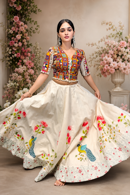 Imperial Shell-Trimmed Mirror-Work Digital Printed Lehenga Set