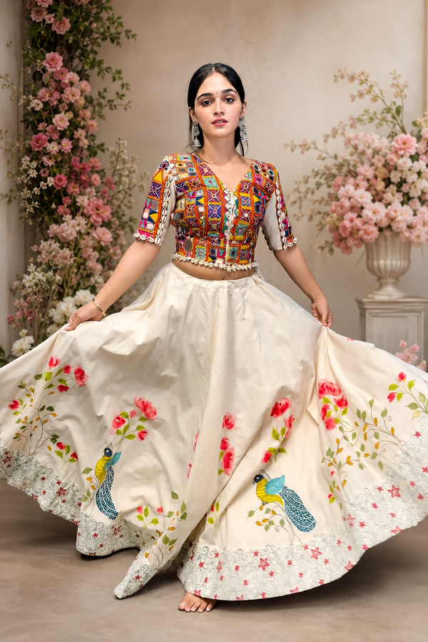 Imperial Shell-Trimmed Mirror-Work Digital Printed Lehenga Set