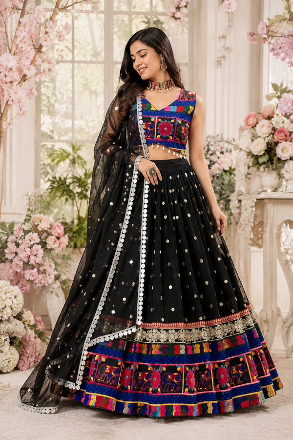 Imperial Chevron Lattice Mirror-Embellished Lehenga Set