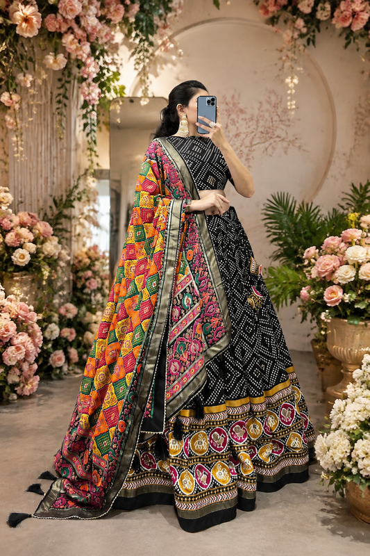 Heritage Patola Motif Foil Print Tussar Silk Lehenga Set