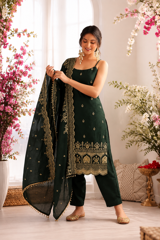 Imperial Lattice Thread & Sequined Fendy Silk Kurti Set