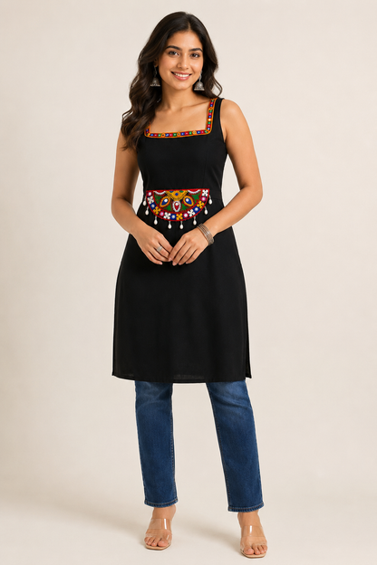 Black Georgette Gamthi Work Straight Kurti