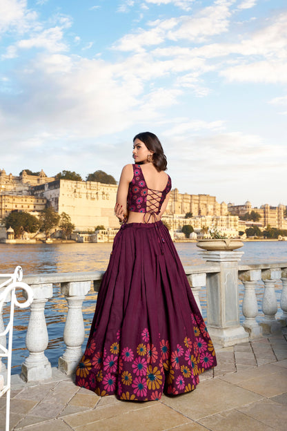 Heritage Floral Foil Print Tussar Silk Lehenga Set