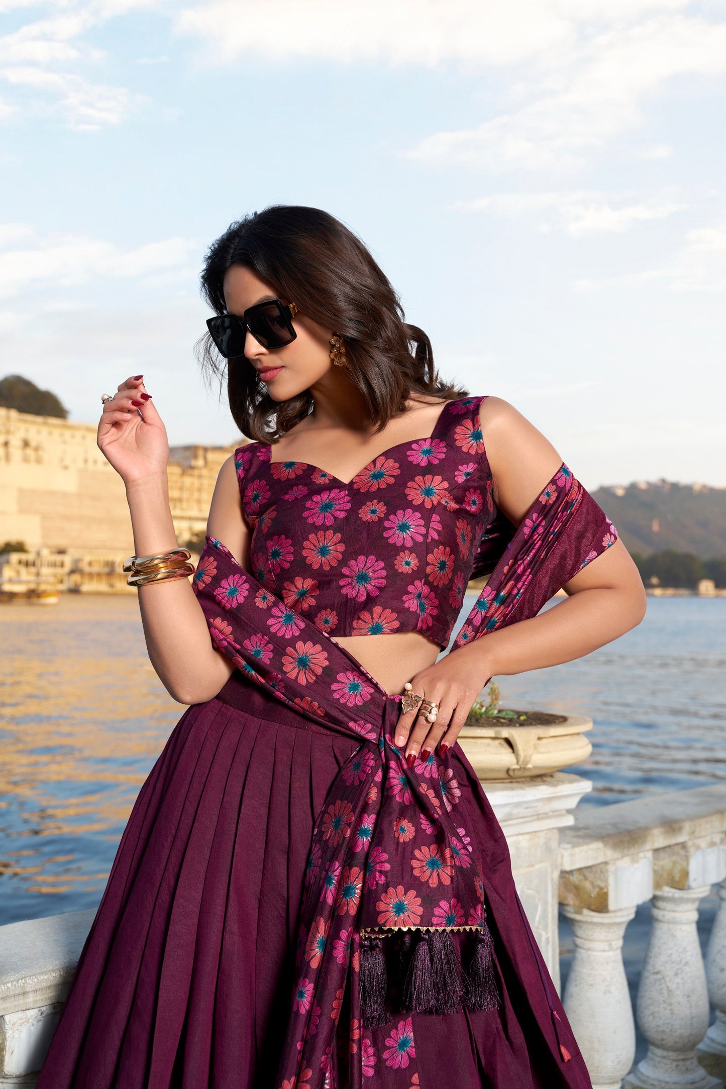 Heritage Floral Foil Print Tussar Silk Lehenga Set