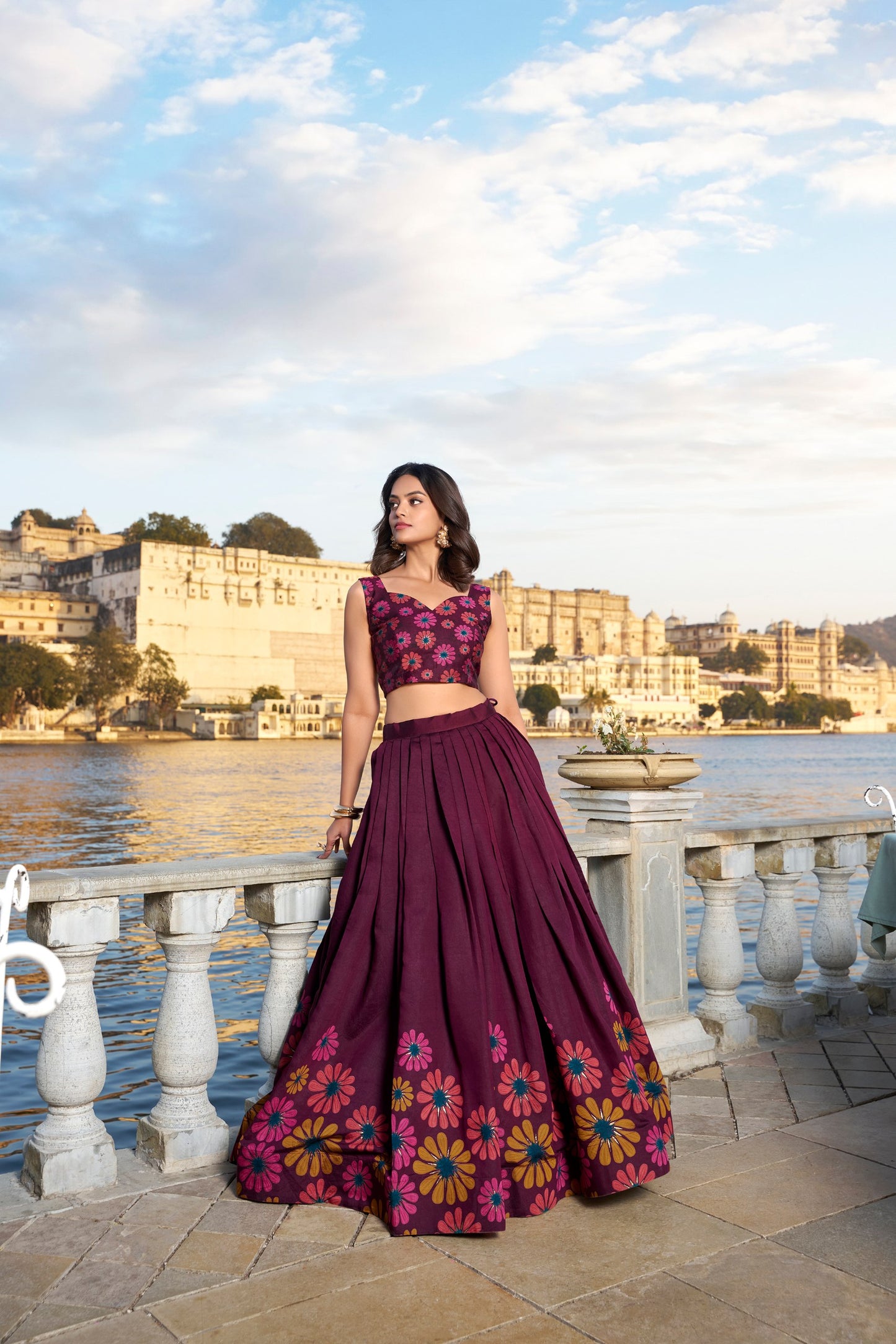 Heritage Floral Foil Print Tussar Silk Lehenga Set