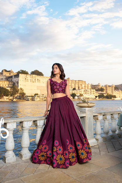 Heritage Floral Foil Print Tussar Silk Lehenga Set