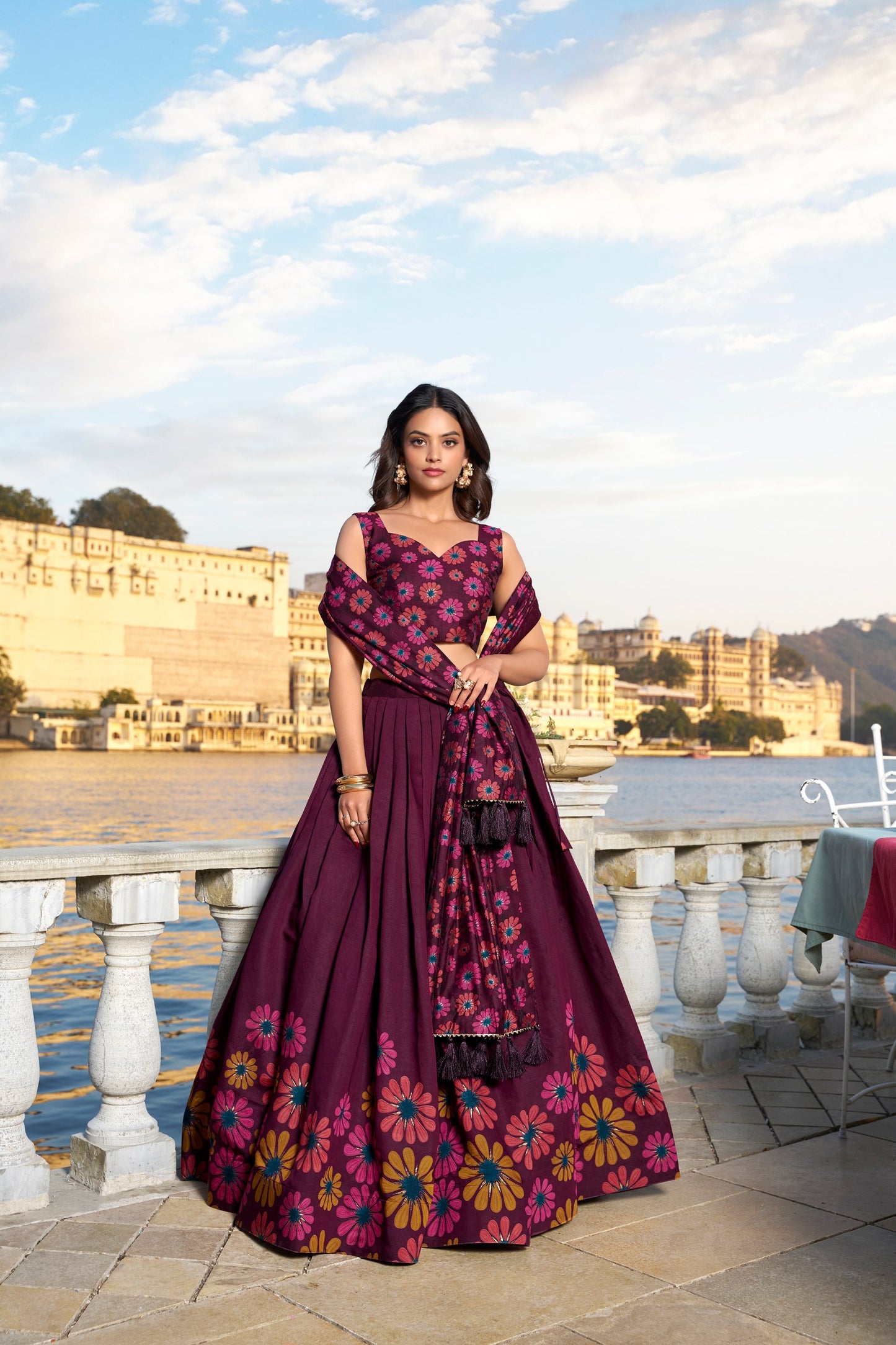 Heritage Floral Foil Print Tussar Silk Lehenga Set