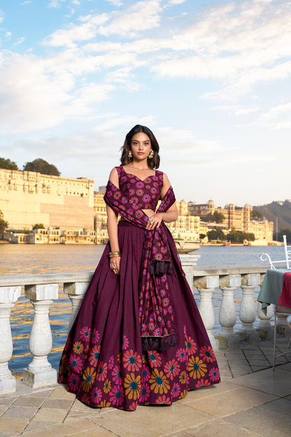 Heritage Floral Foil Print Tussar Silk Lehenga Set