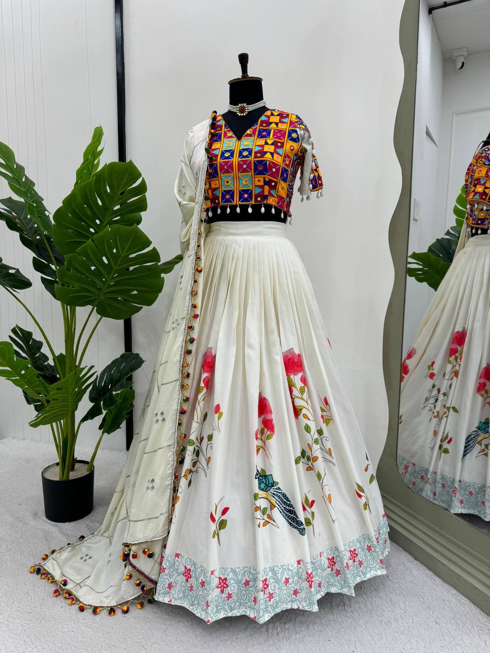 Imperial Shell-Trimmed Mirror-Work Digital Printed Lehenga Set