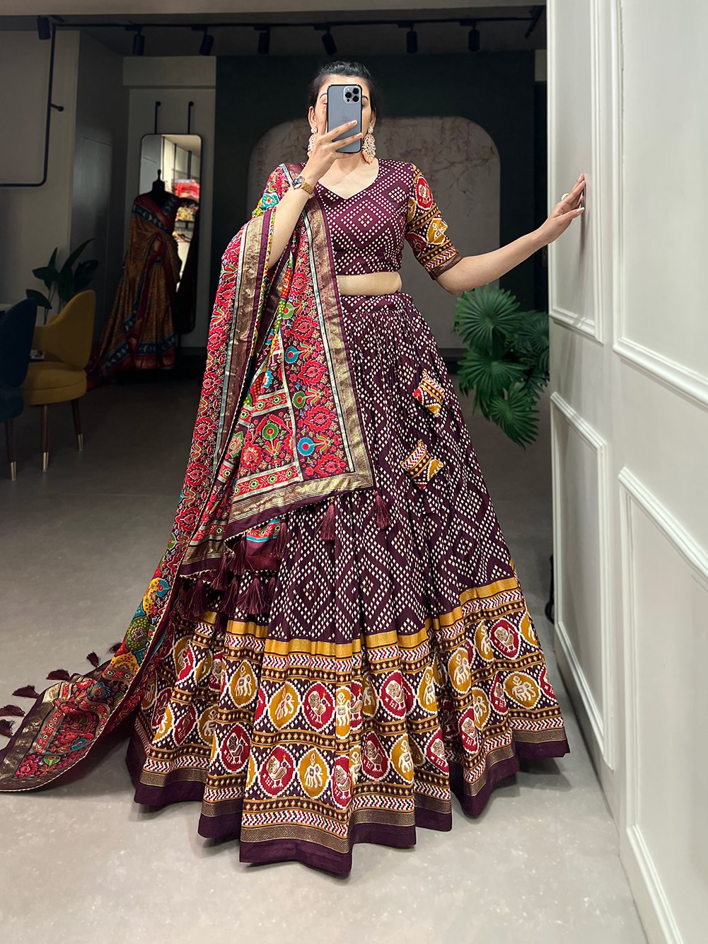 Wine Patola Print Flared Lehenga Choli