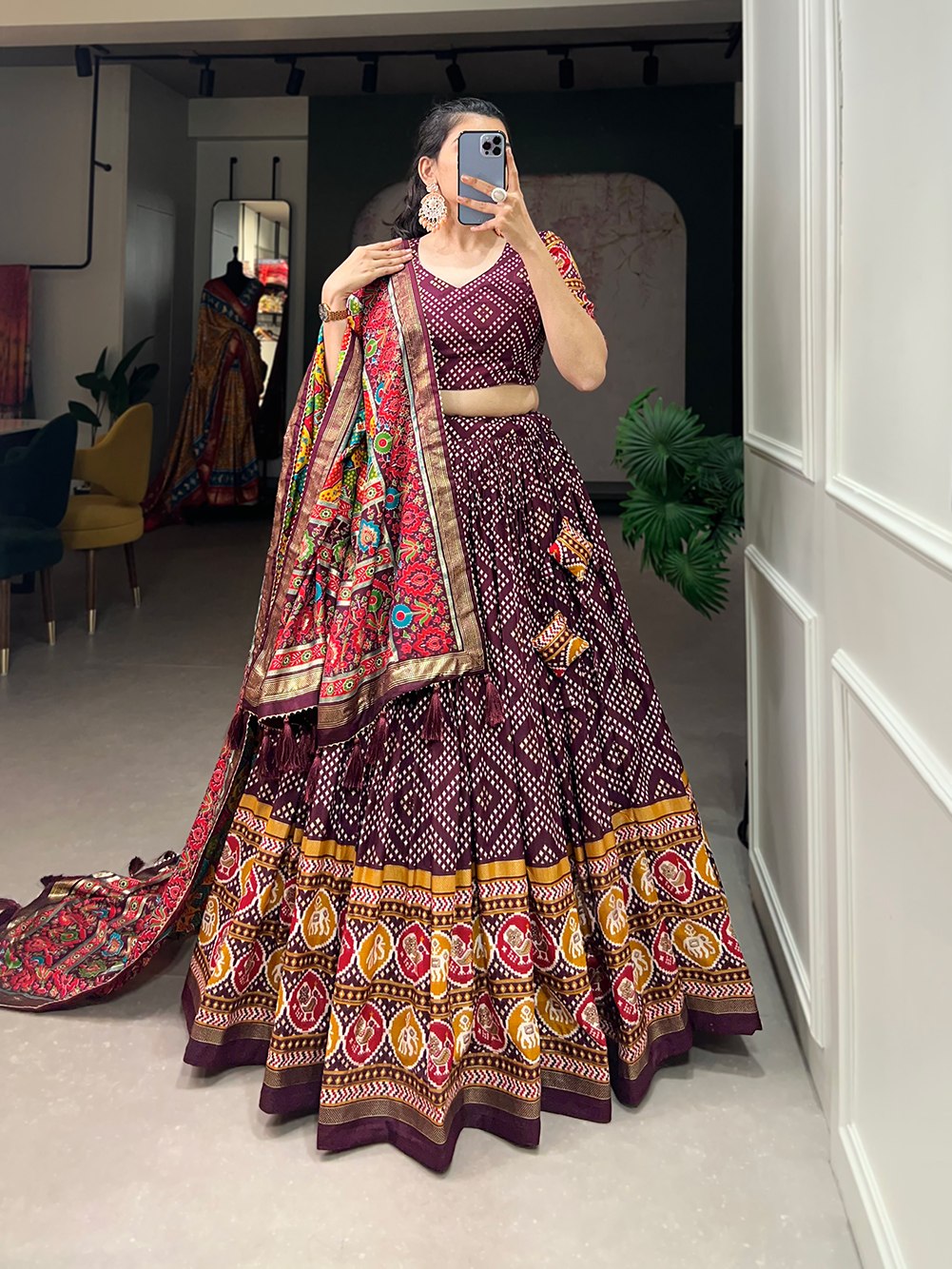 Wine Patola Print Flared Lehenga Choli