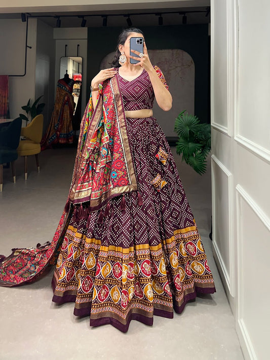 Wine Patola Print Flared Lehenga Choli