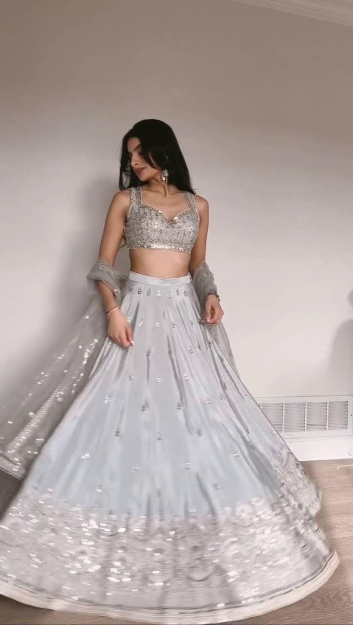 Imperial Lattice Embroidered Japan Satin Lehenga Set