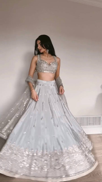 Imperial Lattice Embroidered Japan Satin Lehenga Set
