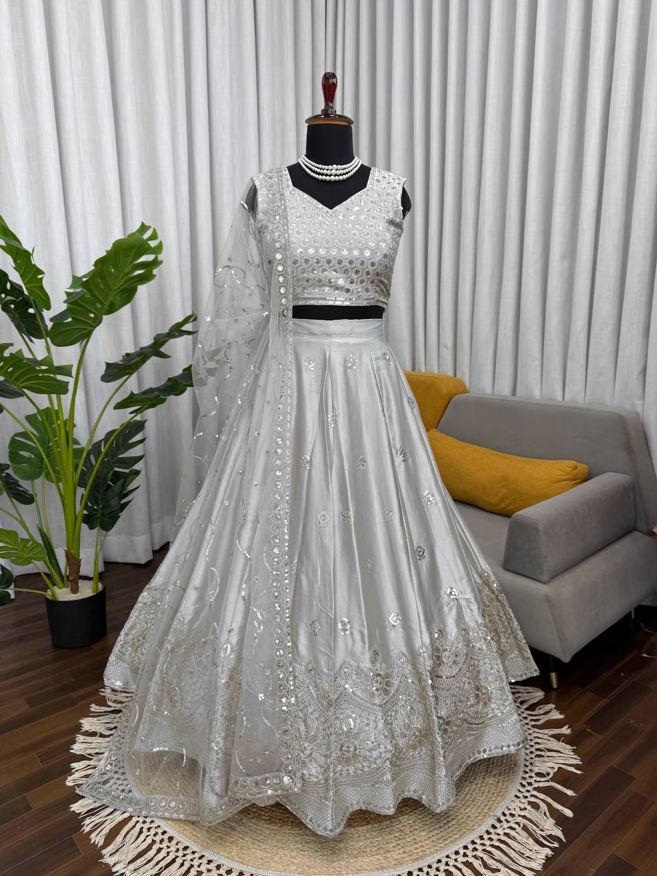 Imperial Lattice Embroidered Japan Satin Lehenga Set
