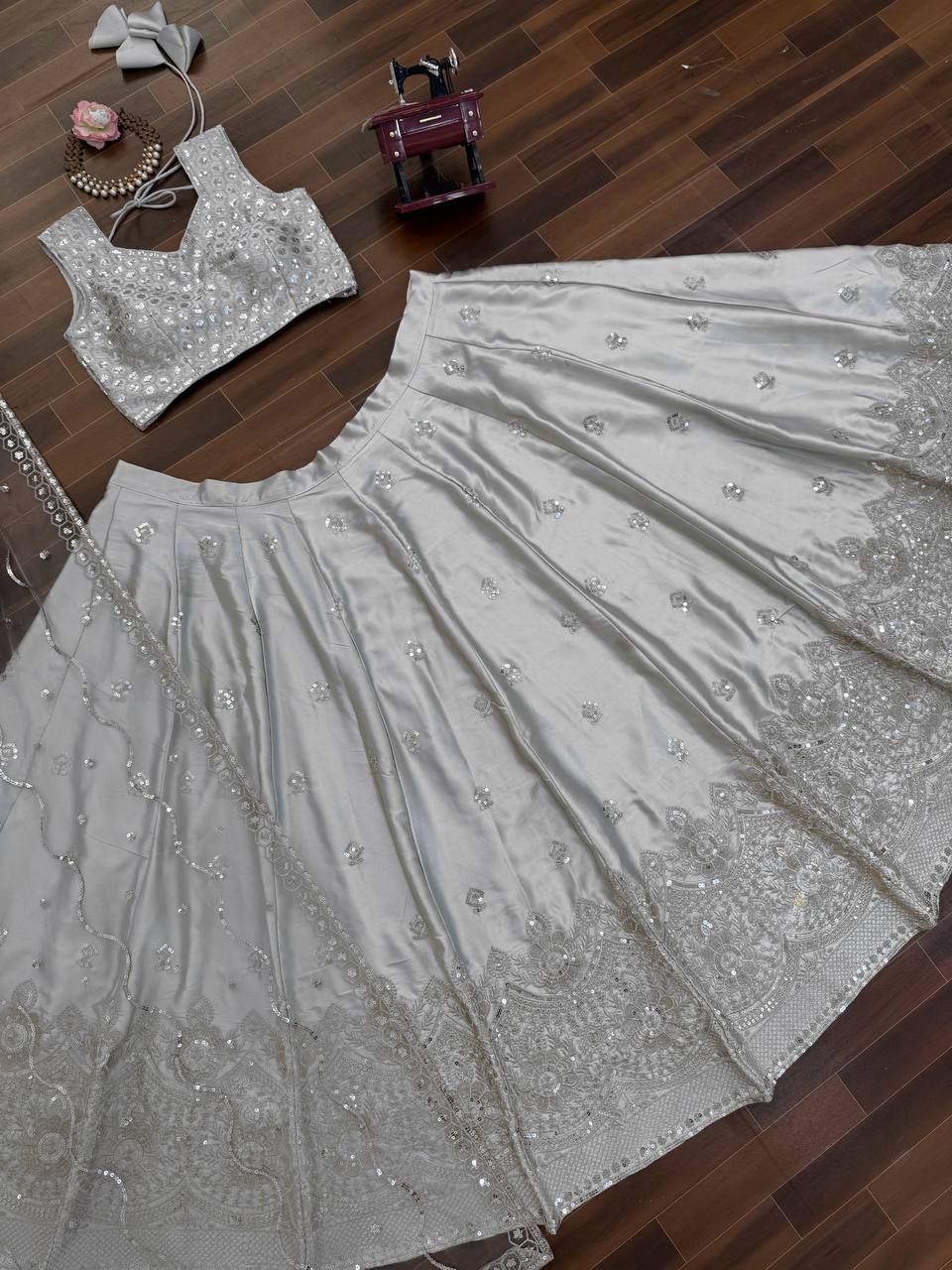 Imperial Lattice Embroidered Japan Satin Lehenga Set