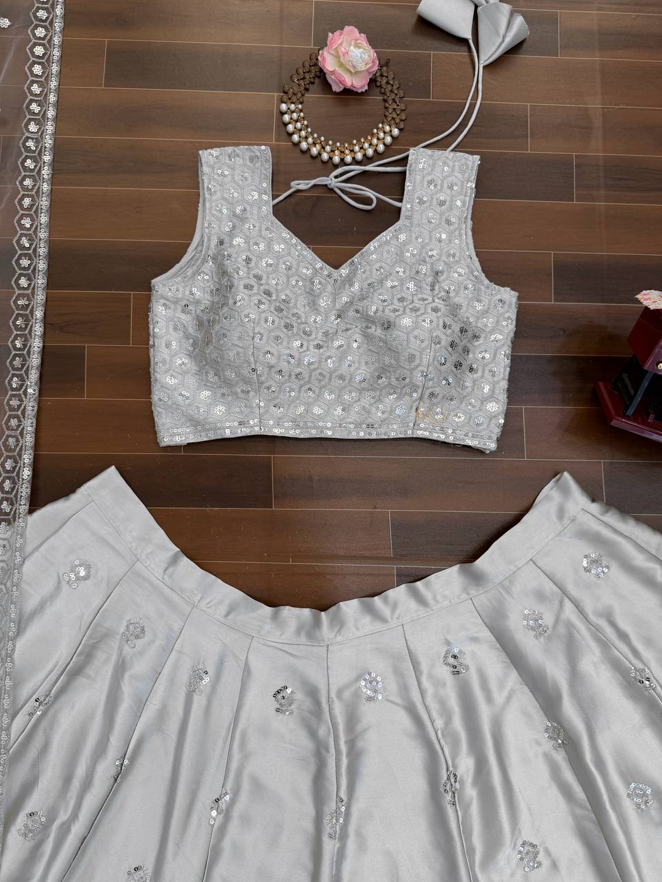 Imperial Lattice Embroidered Japan Satin Lehenga Set