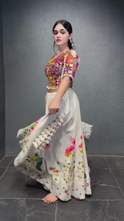 Imperial Shell-Trimmed Mirror-Work Digital Printed Lehenga Set
