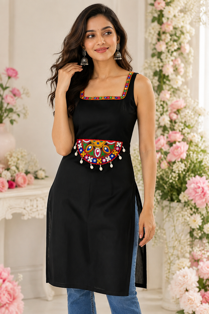 Black Georgette Gamthi Work Straight Kurti