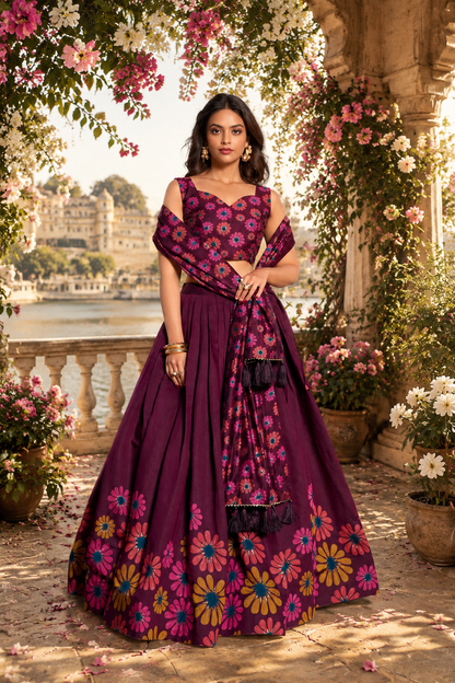 Heritage Floral Foil Print Tussar Silk Lehenga Set